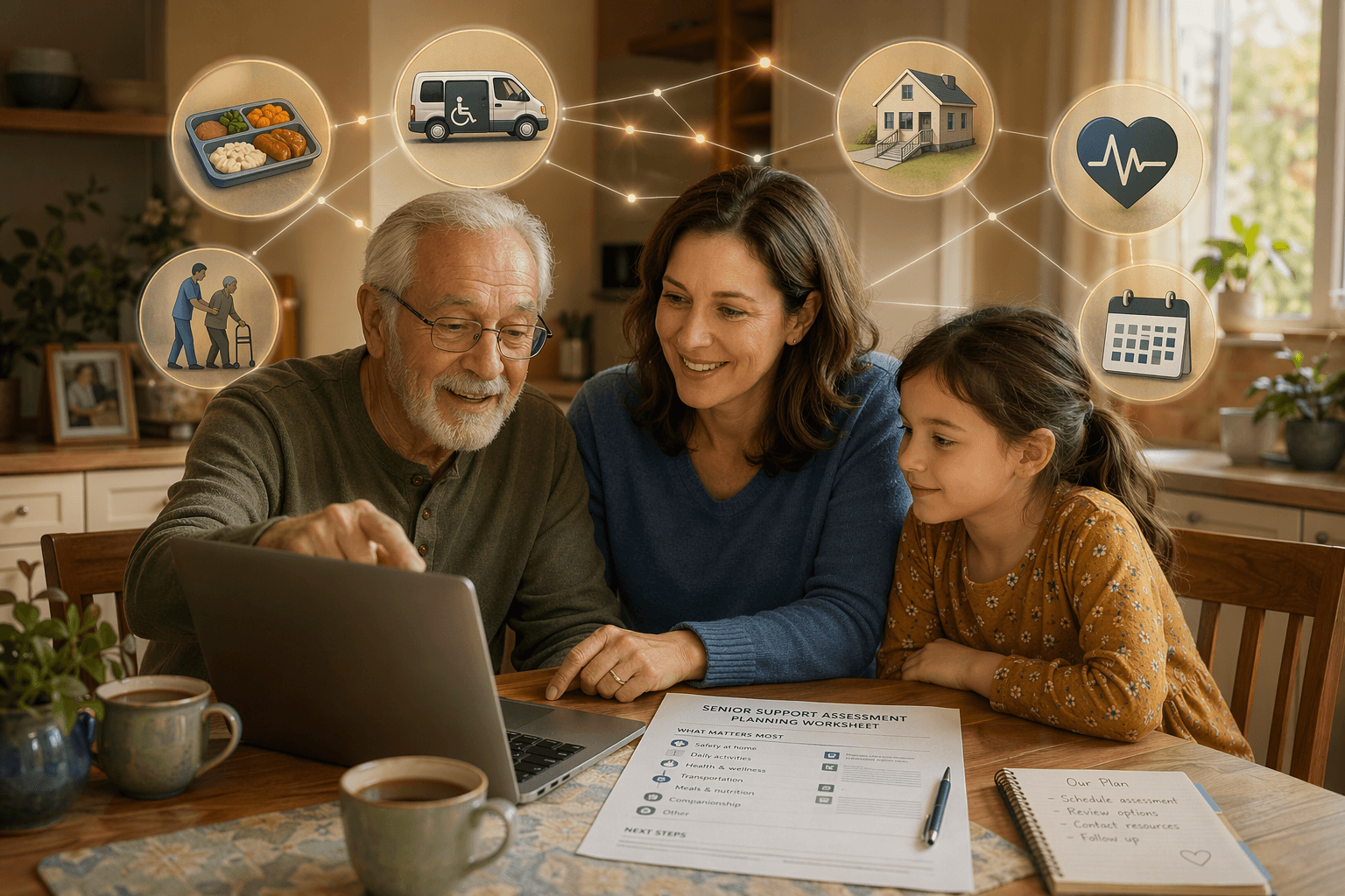 A multi-generational family seated around a kitchen table with a laptop, printed worksheet, and tea cups, planning together. Above them, a constellation of small floating service icons connected by faint lines.