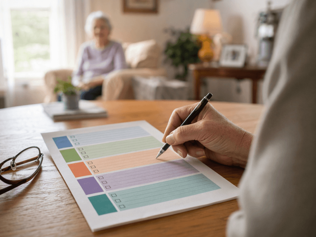 A handwritten assessment checklist on a wooden kitchen table with five color-coded sections, a pen held by a middle-aged adult's hand, reading glasses nearby, and an older parent in the softly blurred background.