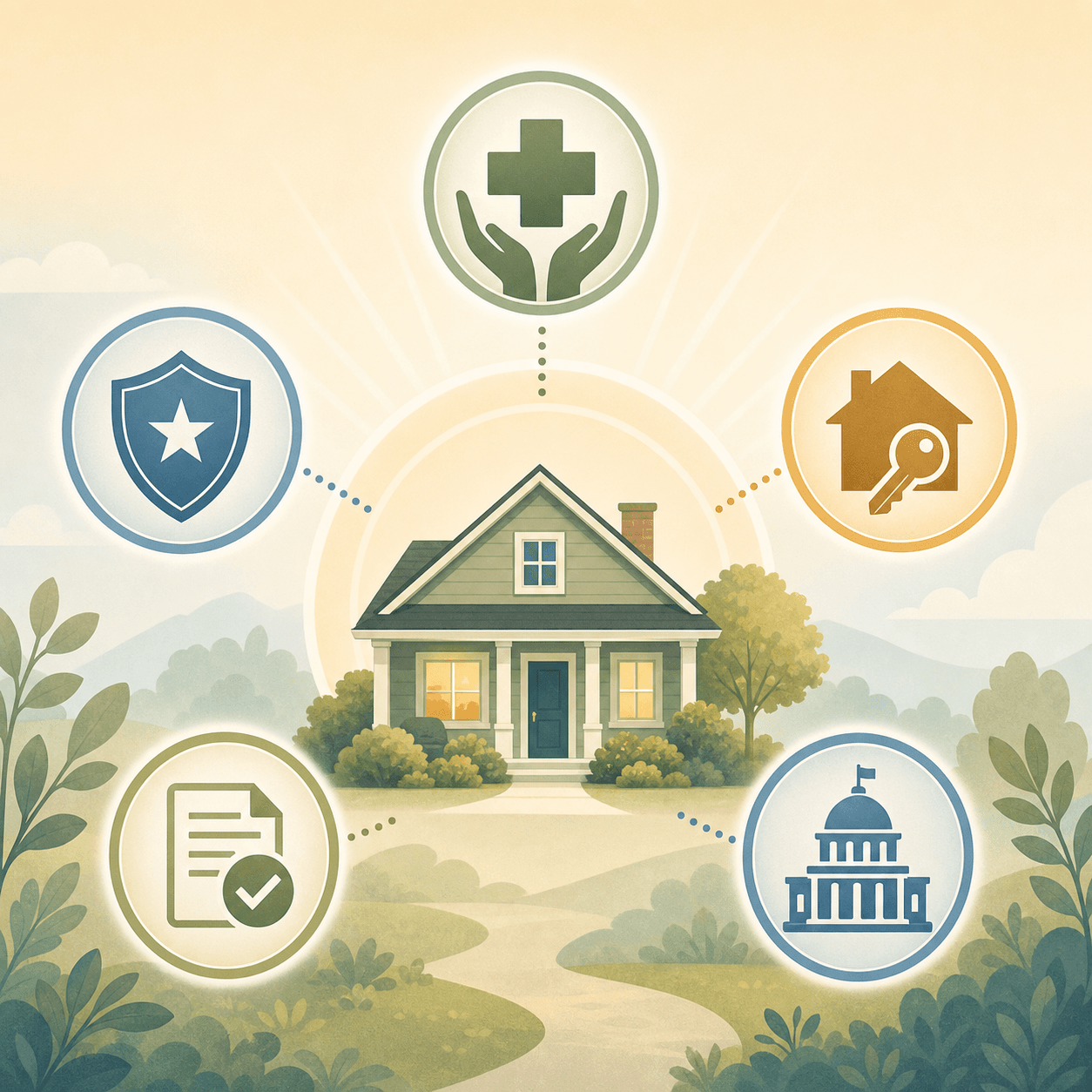 A clean editorial illustration with a central house icon surrounded by softly radiating icons: a medical cross for Medicare/Medicaid, a shield for VA benefits, a house with a key for home equity, a document with a checkmark for long-term care insurance, and a state capitol building for state programs. Warm sage green, blue, and amber tones on a light background. The composition maps the various funding sources available for aging in place.