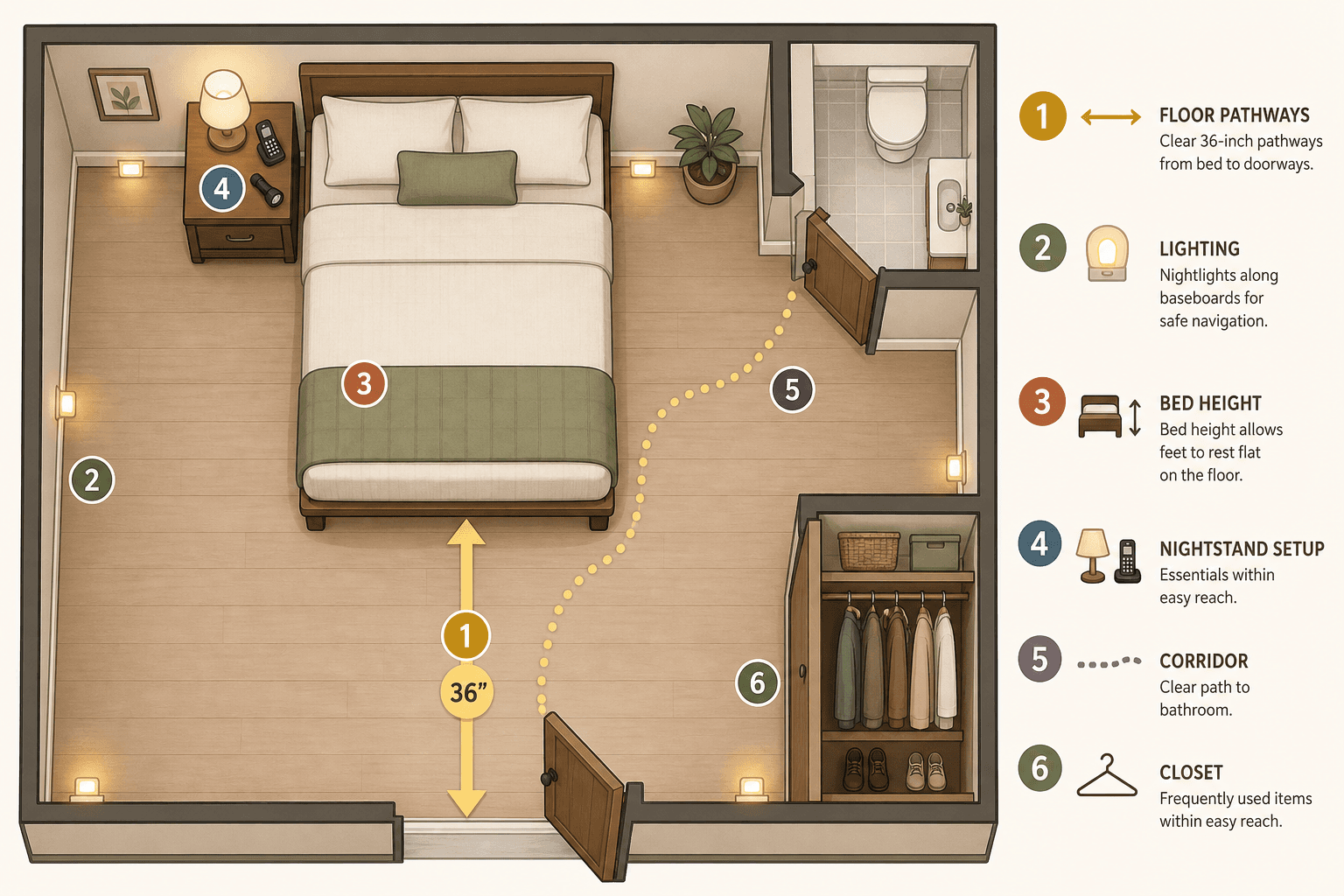 A top-down floor plan diagram of a bedroom showing six numbered hazard zones: floor pathways, lighting, bed height, nightstand setup, bedroom-to-bathroom corridor, and closet access. Directional arrows mark the safe walking path and nightlight icons line the baseboard route.