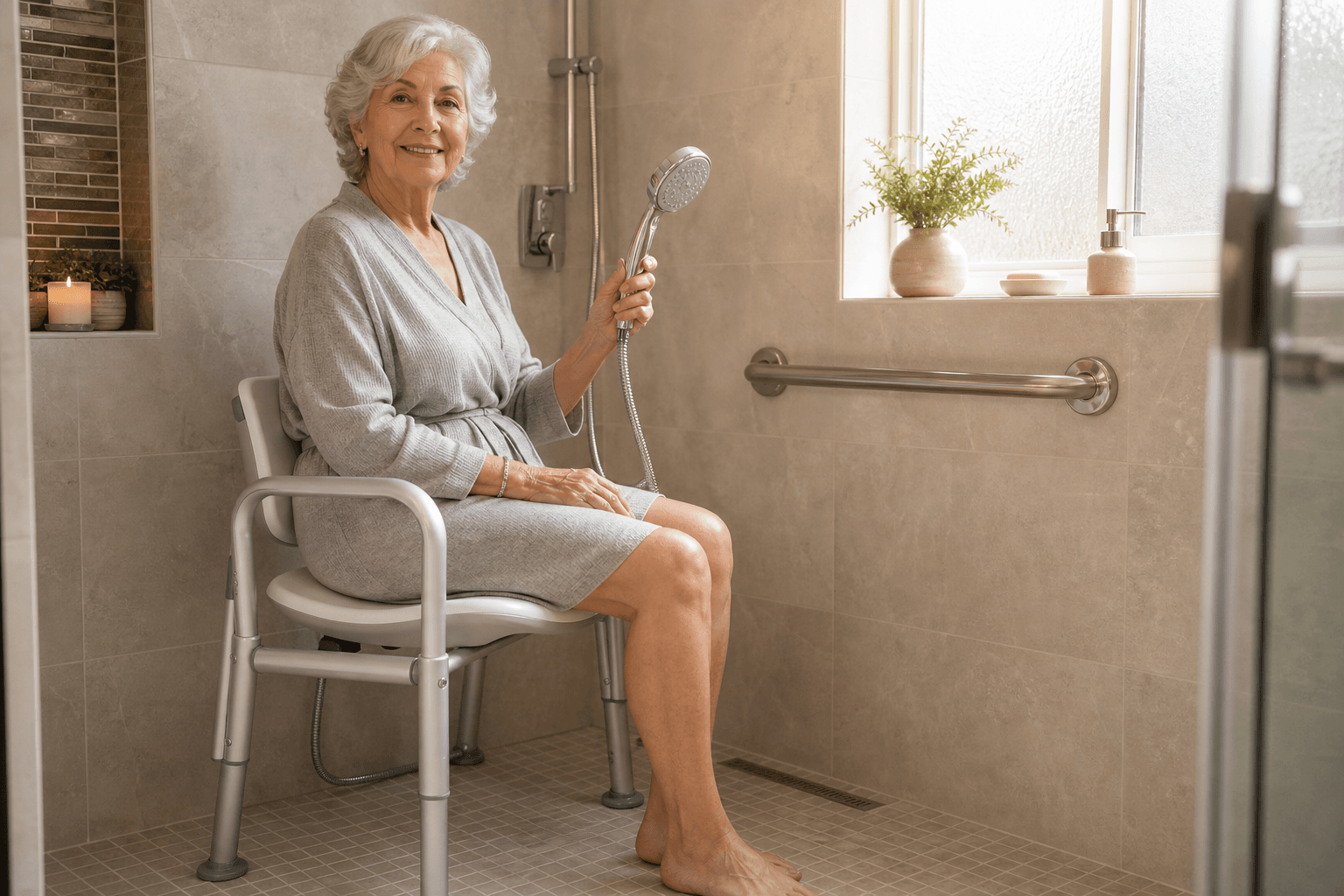 An older woman seated comfortably on a modern aluminum shower chair inside a walk-in shower, holding a handheld showerhead, with a grab bar visible on the tiled wall beside her.