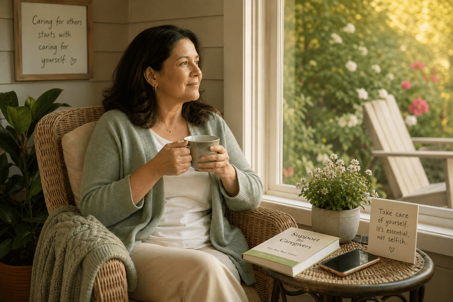 A middle-aged woman sits quietly on a porch holding a warm cup of tea, looking out at a garden through a window. Soft afternoon light. A book and phone are on a side table.