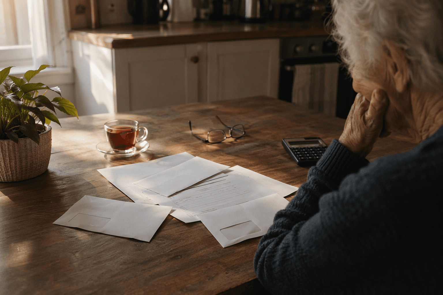 Older adult at a kitchen table with unopened benefit envelopes, reading glasses, a calculator, and a teacup