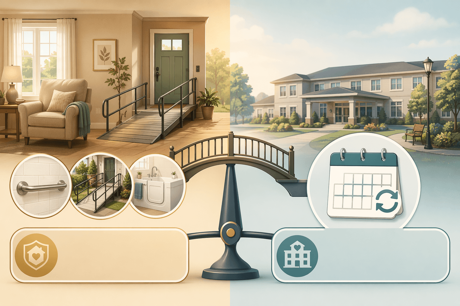 An editorial-style side-by-side illustration comparing a warm home scene with home modification icons including a grab bar, ramp, and walk-in tub on one side, and a calendar and recurring payment icon on the other side.