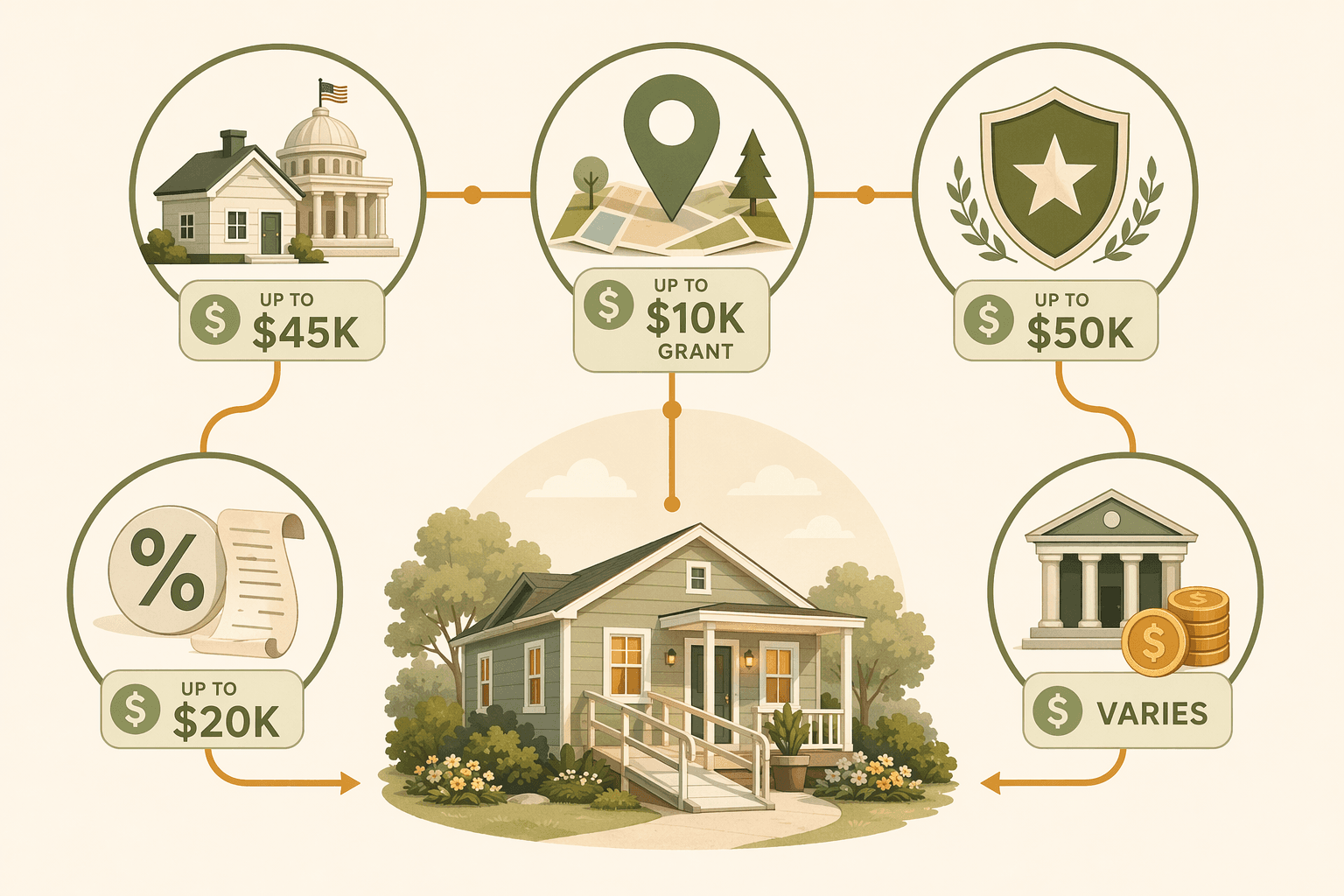 Editorial diagram showing five funding pathway categories for home modifications: federal programs, state and local resources, veterans benefits, tax strategies, and private options, connected by a warm amber flow line.