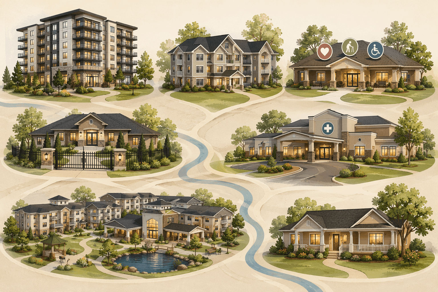Seven senior housing types shown as distinct dwelling icons on a calm visual map