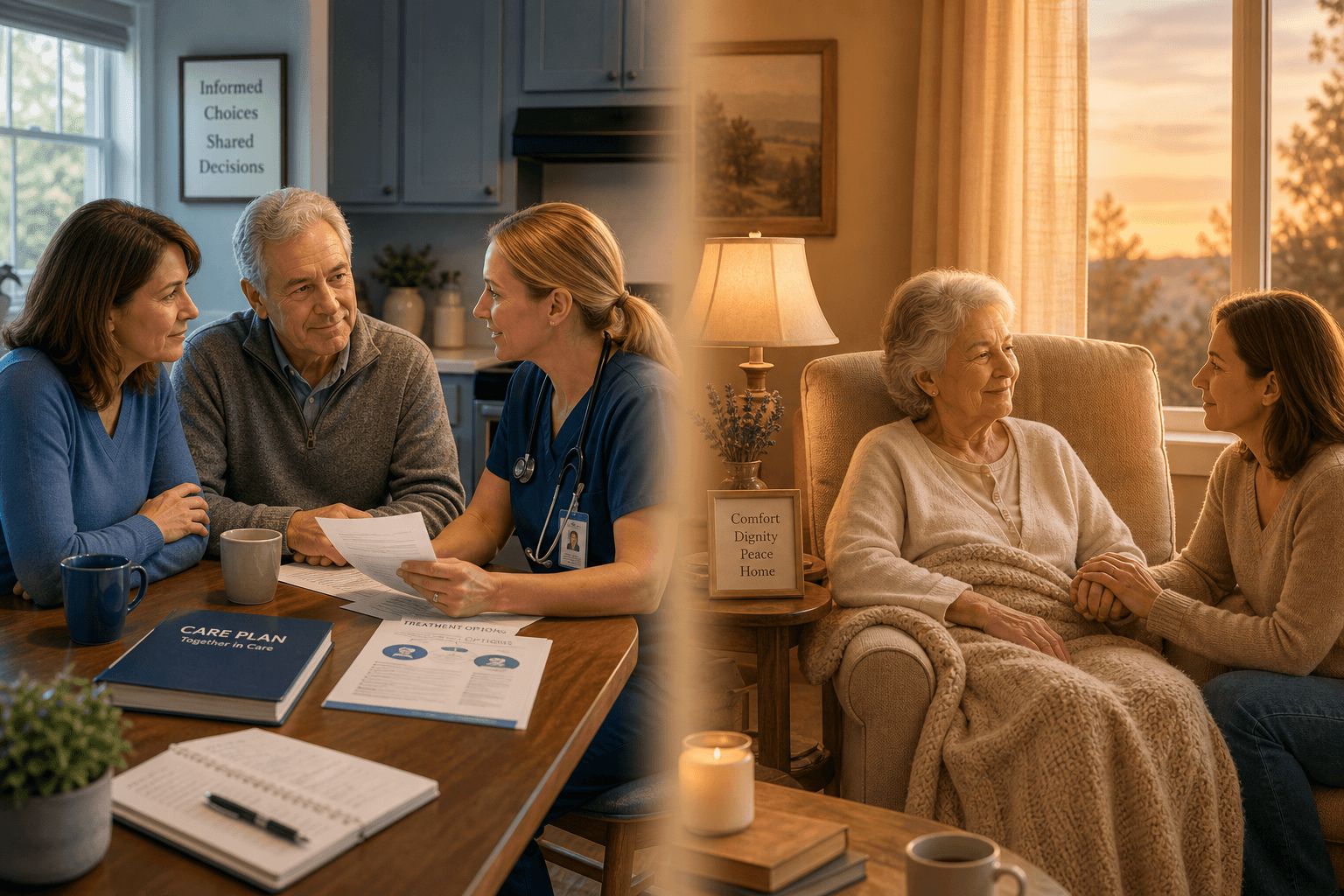 A split-composition illustration showing palliative care on the left with a family and nurse at a kitchen table, and hospice care on the right with a peaceful home scene.