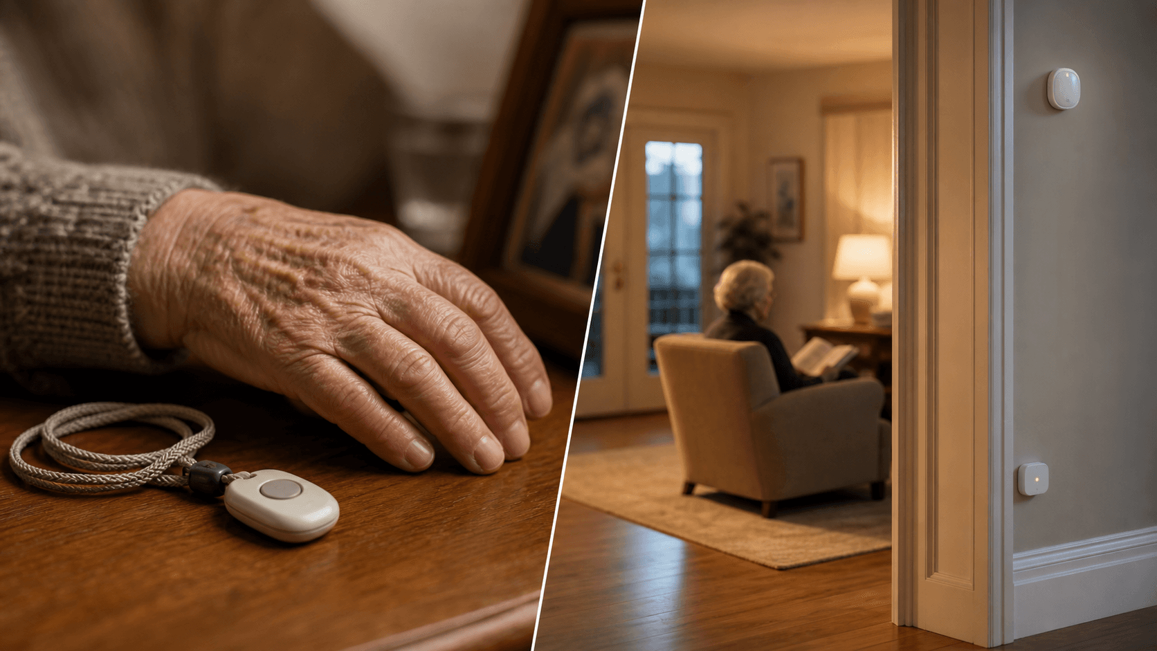 Split illustration comparing a forgotten medical alert pendant on a table with a home interior showing passive sensor nodes near a doorway and wall.