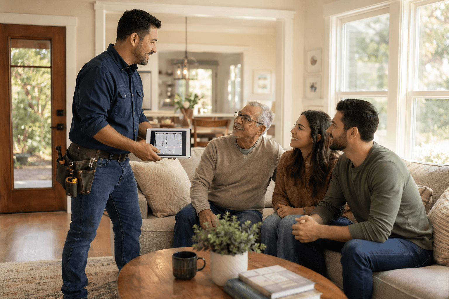 A professional in a tool belt holds a tablet showing a home floor plan while consulting with a multi-generational family in a bright living room with a wide doorway and lever-handle door.