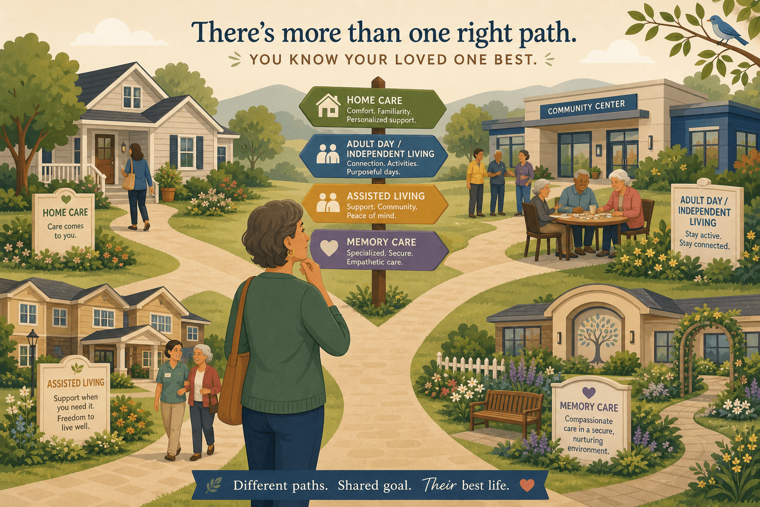 A family caregiver standing at a pathway junction with four care settings branching forward, representing the care continuum from home care to memory care.