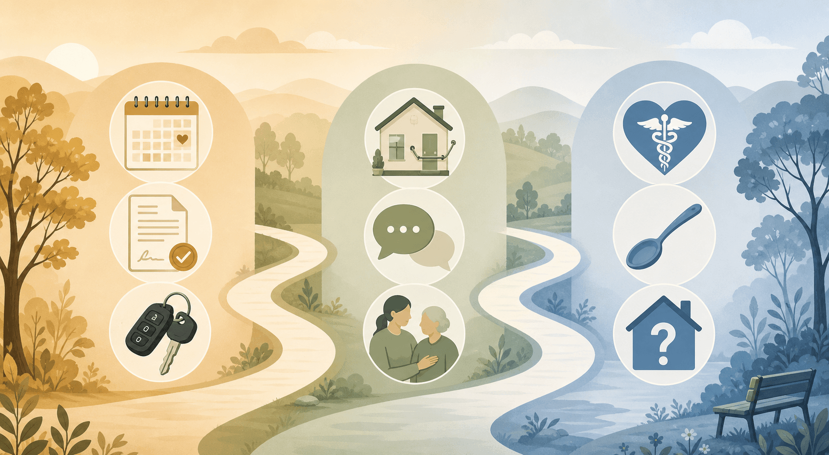 An editorial infographic-style illustration showing three stages of dementia caregiving connected by a flowing path, with icons representing early, middle, and late stage priorities.
