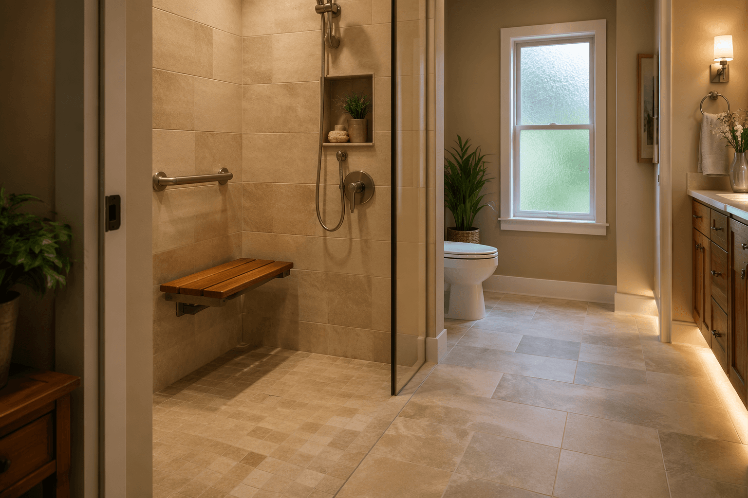 A warm residential bathroom with a curbless walk-in shower, fold-down teak bench, brushed nickel grab bar, comfort-height toilet, matte non-slip stone-toned tile floor, widened doorway, and soft warm lighting with a baseboard nightlight.