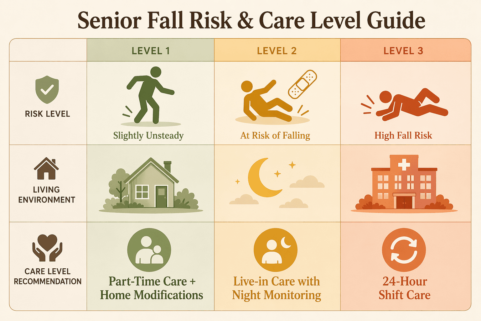A three-column editorial grid showing Level 1 in green, Level 2 in amber, Level 3 in warm orange-red, each with a summary of fall risk and care model.