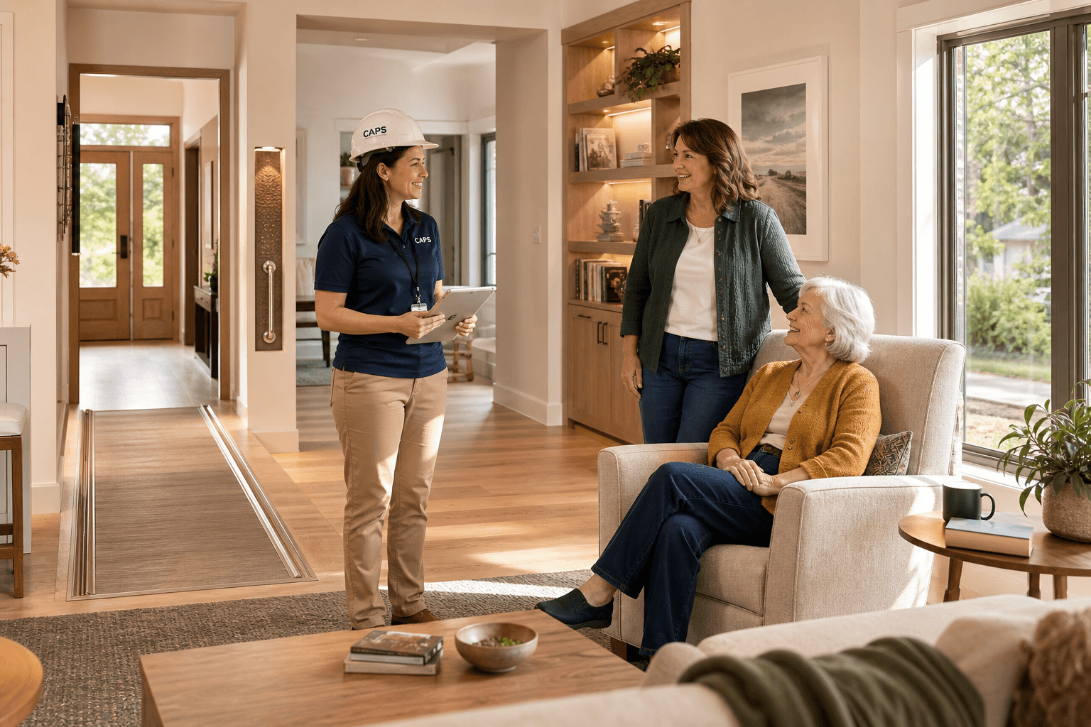 A warm realistic illustration of a CAPS professional in a hard hat holding a tablet, standing in a bright modern living room with wide doorways and a ramp that blends into the design. An older adult smiles from an armchair while a middle-aged adult child stands nearby looking reassured, with warm earth tones and natural light throughout the room.