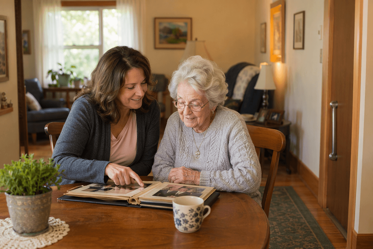 A middle-aged female companion sits beside an elderly person at a wooden table in a sunlit living room, looking at a photo album together, with a grab bar visible on a nearby wall and clear pathways throughout the cozy home.