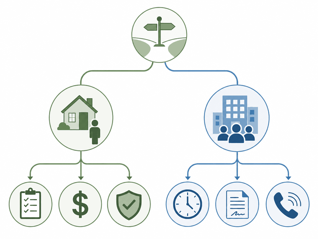 A two-branch decision tree comparing private hiring and agency hiring with icons for each path.