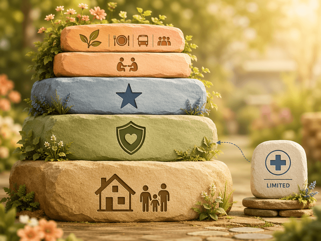 An illustration showing layered funding sources as stacked stone-like layers: personal funds, Medicaid HCBS waivers and PACE, VA Aid & Attendance, and NFCSP and Older Americans Act services.
