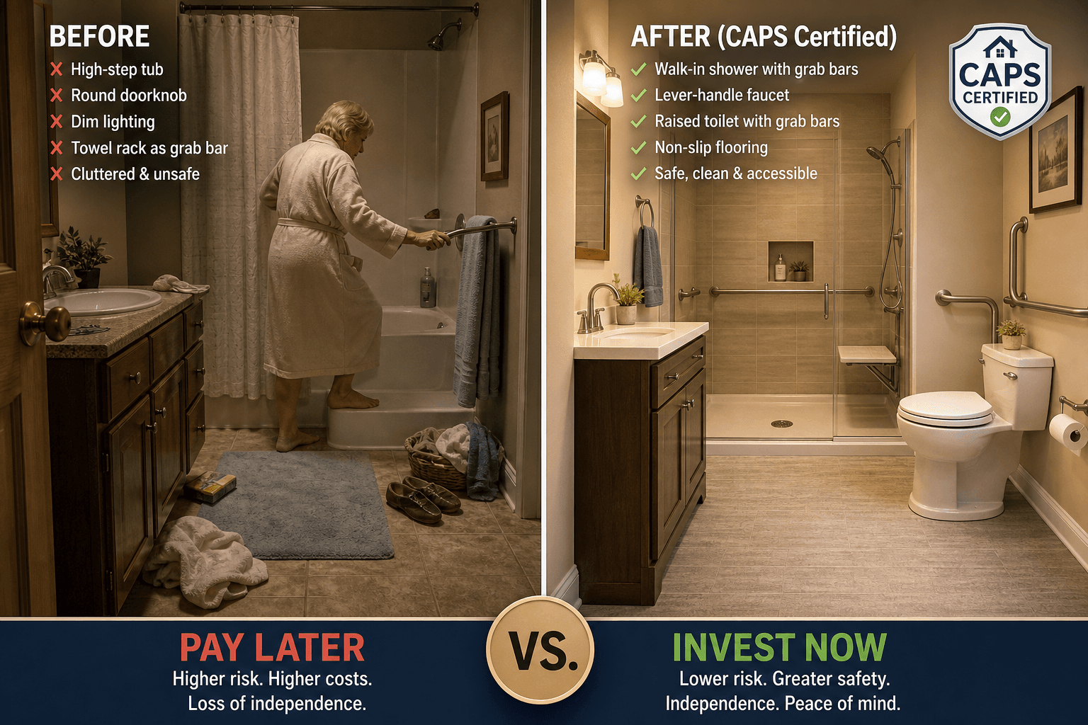 Split comparison illustration of a home bathroom: left side labeled 'BEFORE' shows a hazardous bathroom with a high-step tub, round doorknob, dim lighting, and a towel rack used unsafely as a grab bar; right side labeled 'AFTER (CAPS Certified)' shows the same room modified with a walk-in shower, grab bars, lever-handle faucet, raised toilet, non-slip flooring, and improved lighting. A CAPS Certified badge appears in the corner.