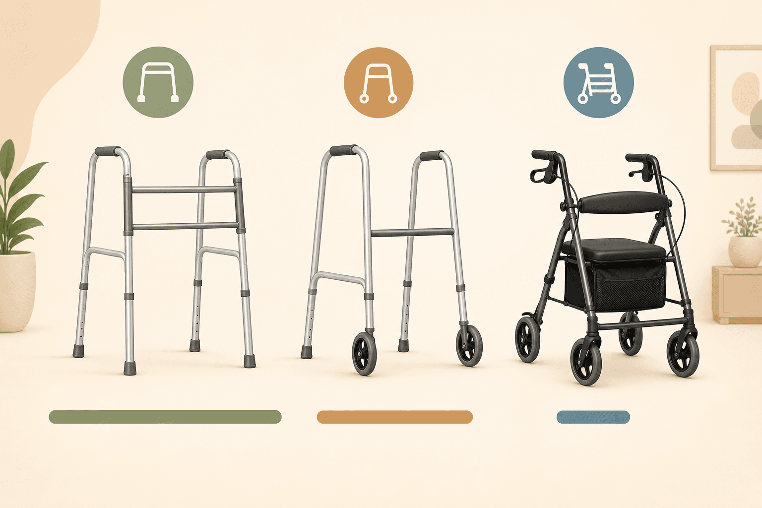 Three mobility aids shown side by side — standard walker, two-wheel walker, and rollator — with a stability bar beneath each indicating relative stability levels.