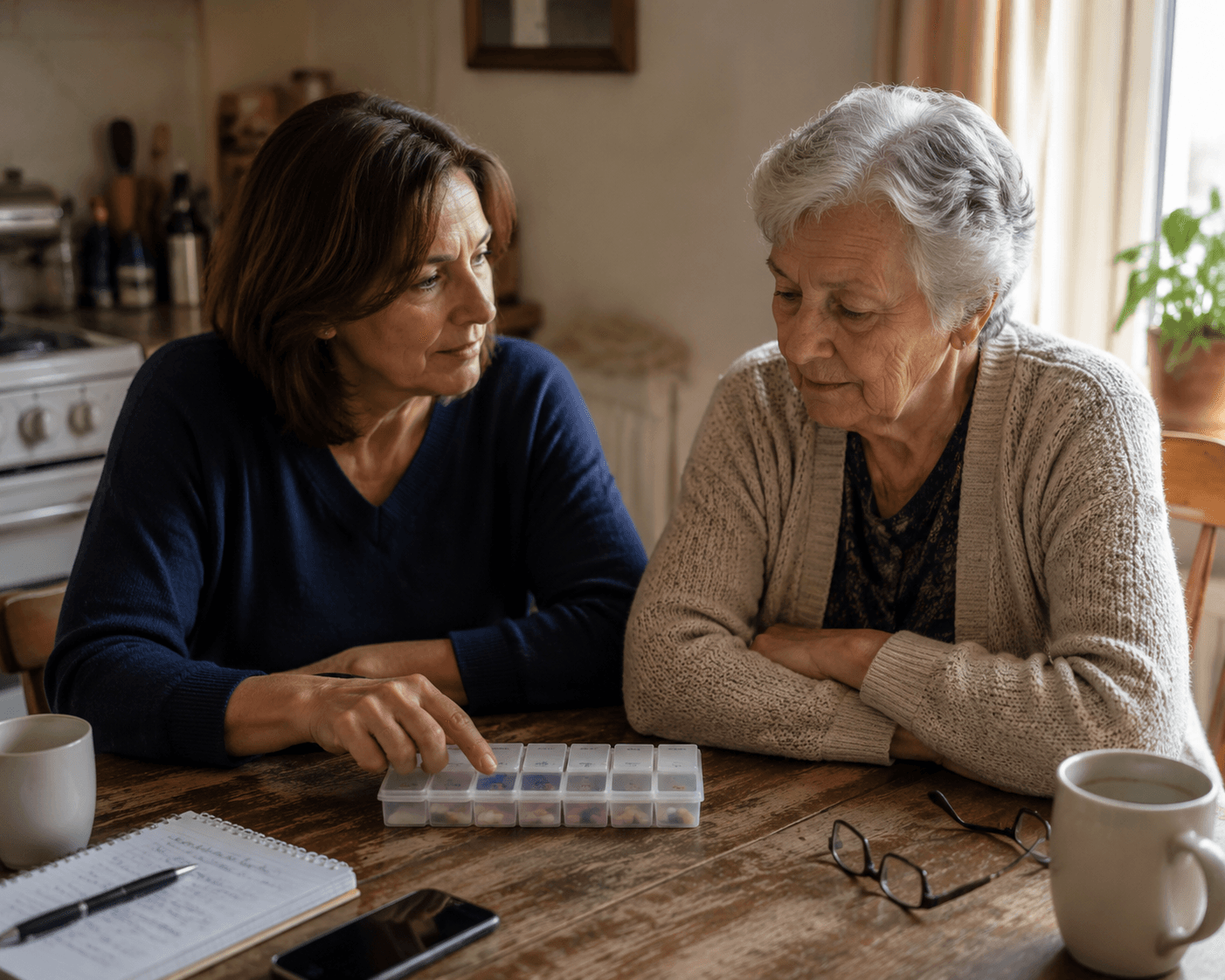 Adult child sitting at a kitchen table with an elderly parent, pill organizer, notebook, phone, glasses, and coffee mugs