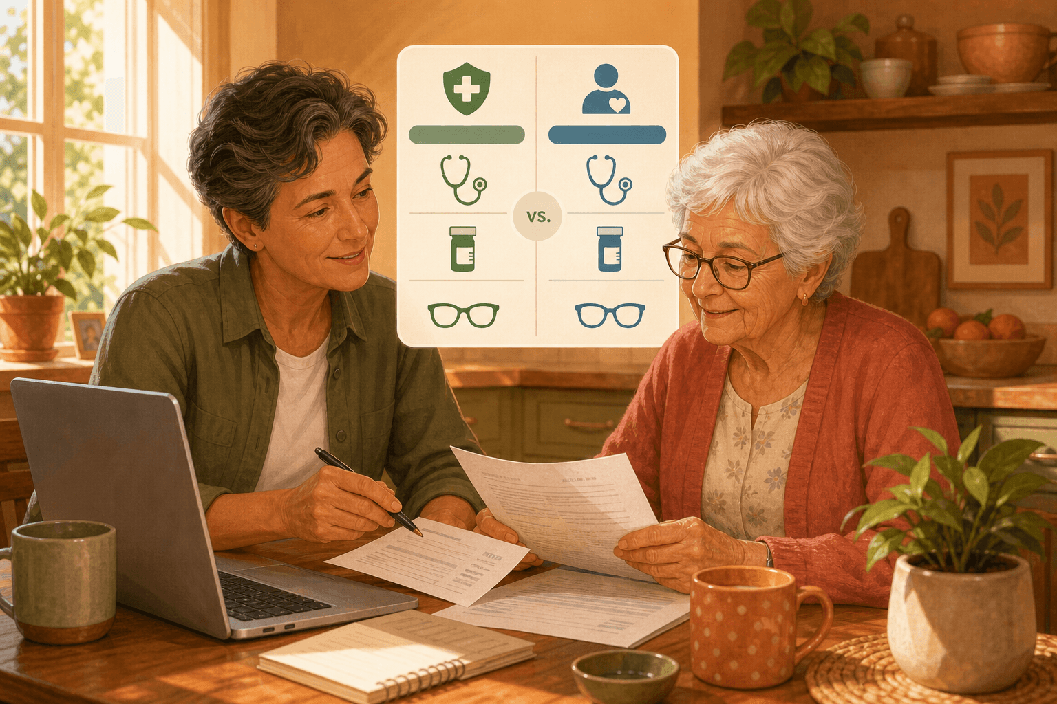 An adult child and their older parent reviewing Medicare plan options together at a kitchen table with a laptop.