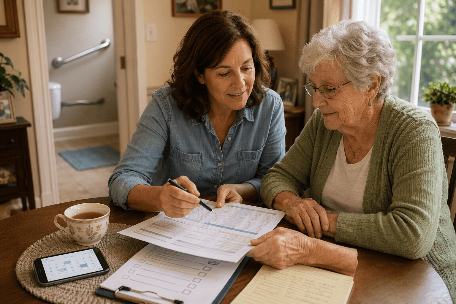 A middle-aged adult child and an elderly parent sit together at a sunlit kitchen table reviewing care planning papers, with a smartphone, tea cup, and checklist on the table, while a grab bar is visible in an adjacent doorway in the background.