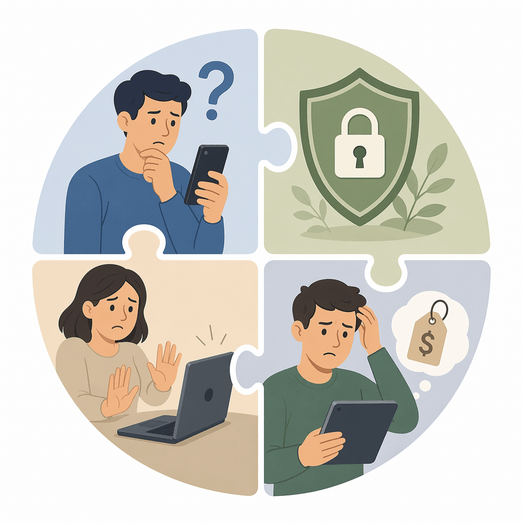 An editorial illustration with four connected segments representing the four technology adoption barriers: ignorance of features, privacy anxiety, fear of breaking something, and lack of perceived value.