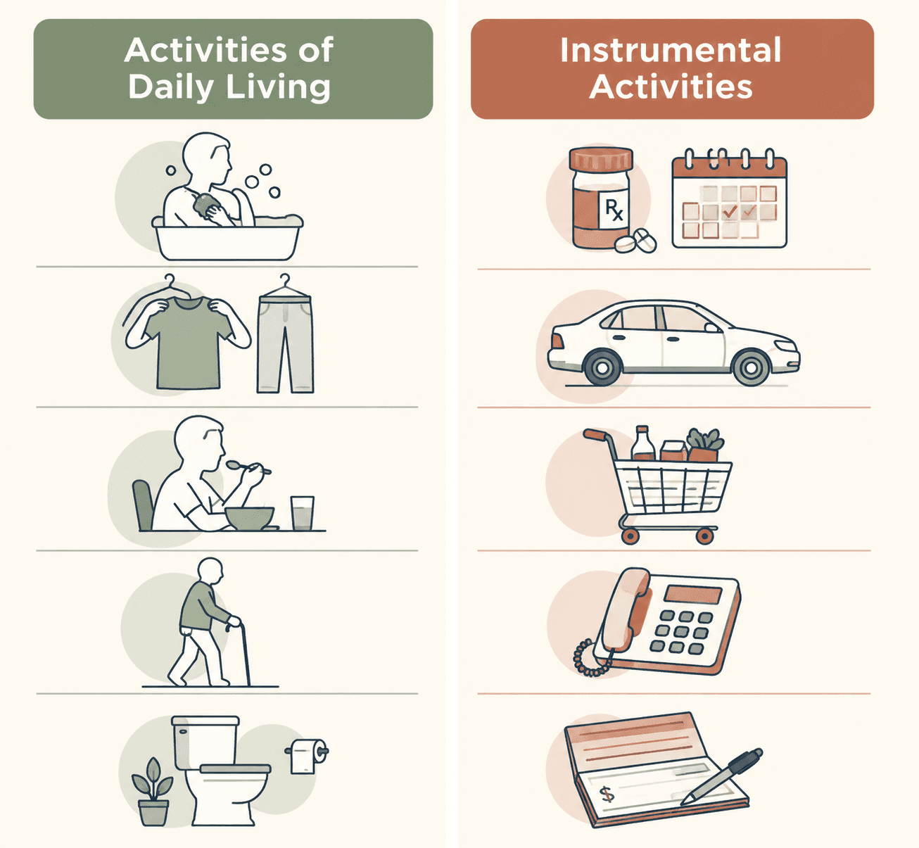 Infographic comparing Activities of Daily Living with Instrumental Activities of Daily Living