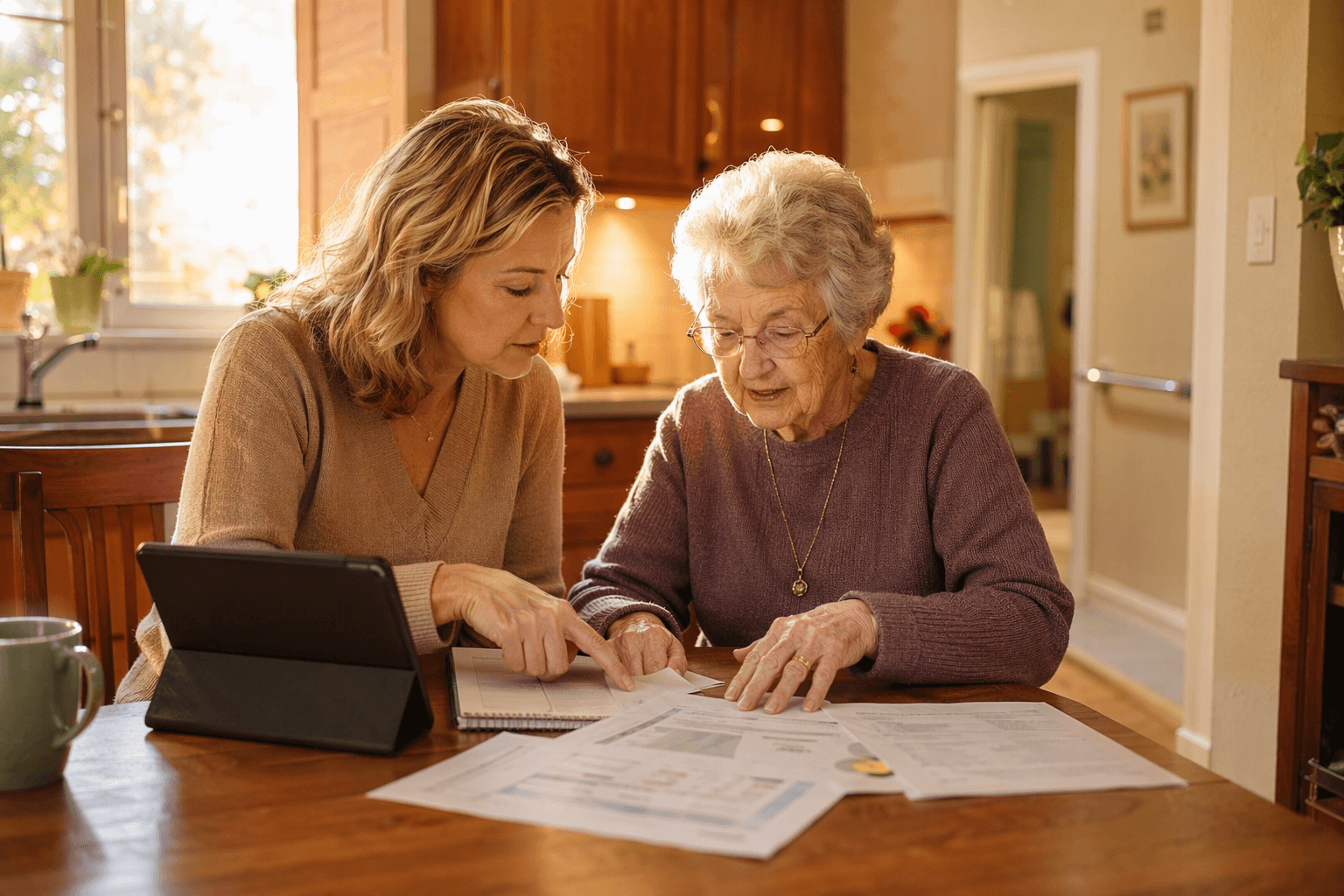 A middle-aged woman and her elderly mother sit together at a sunlit kitchen table, reviewing printed papers and a tablet. The mood is collaborative and warm.