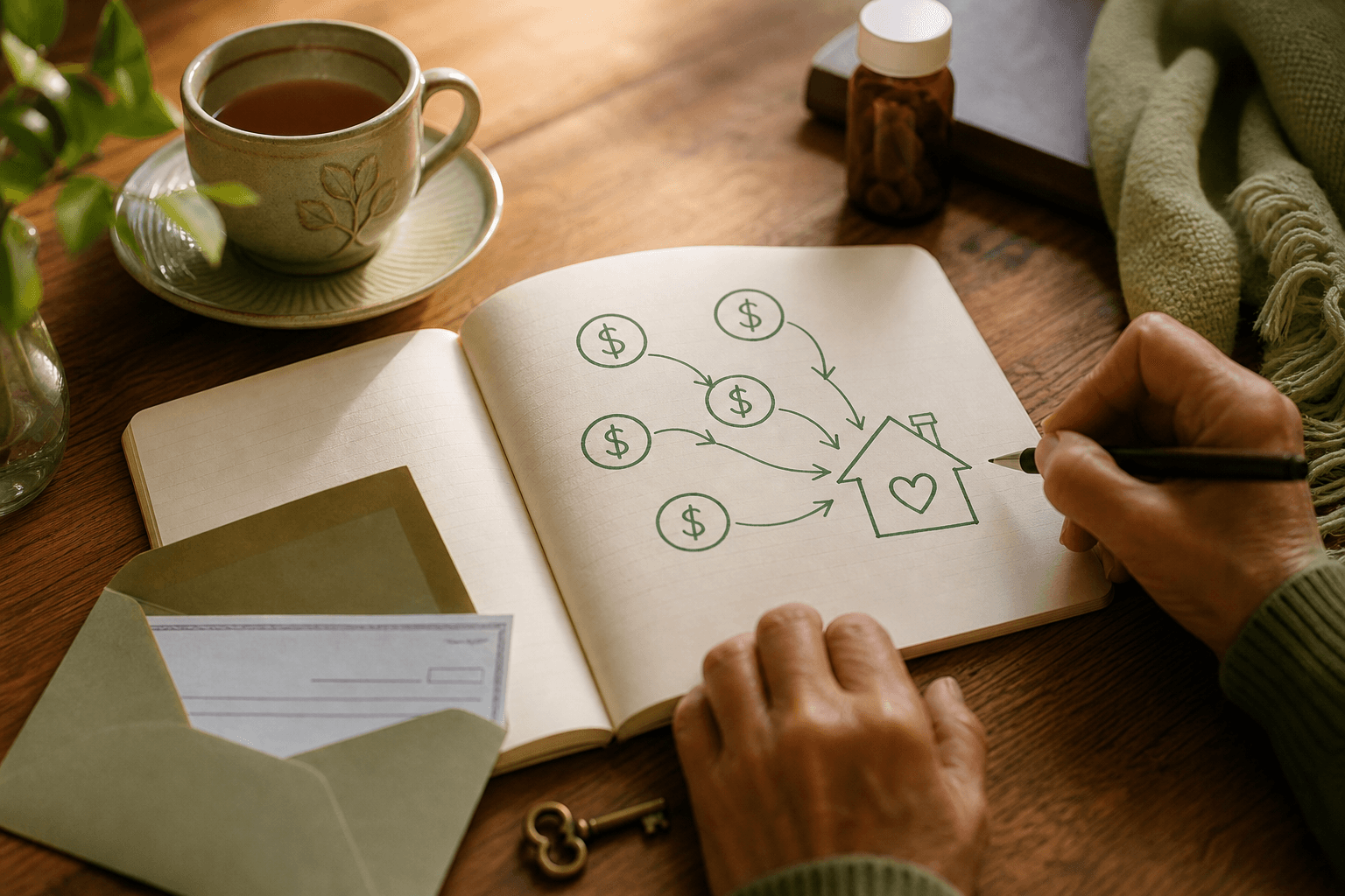 A flat lay on a wooden table showing an open notebook with a hand-drawn diagram of interconnected dollar signs flowing toward a small house icon, alongside a brass key, an envelope with a check, a pill bottle, and a teacup.