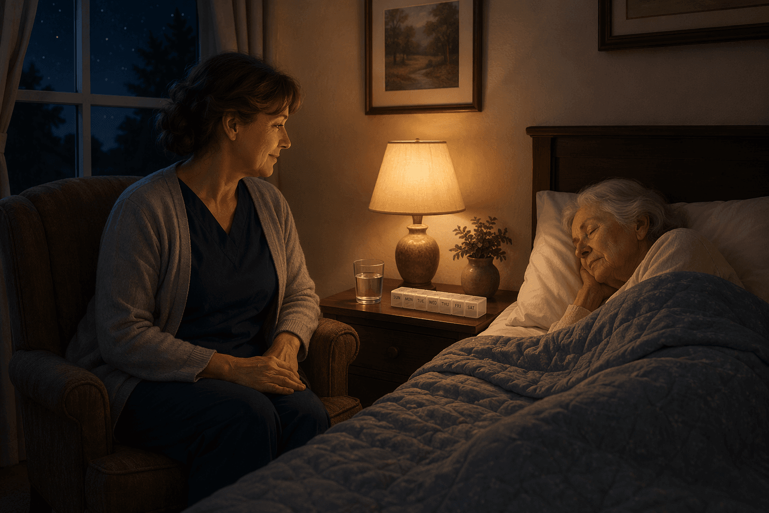 A warm editorial illustration of an overnight caregiver sitting in a softly lit bedroom armchair, watching over an elderly person sleeping peacefully in bed.