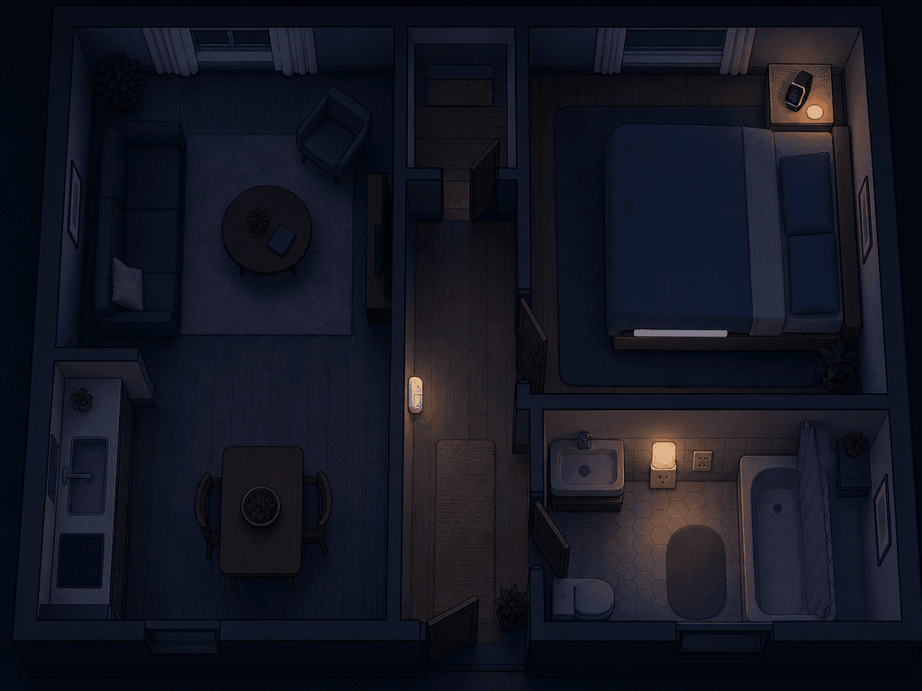 Top-down view of a simple home floorplan at night showing four types of monitoring technology: a white motion sensor on a hallway wall, a bed-exit sensor strip under a mattress, a wearable watch-style device on a nightstand, and a smart plug with soft nightlight in a bathroom.