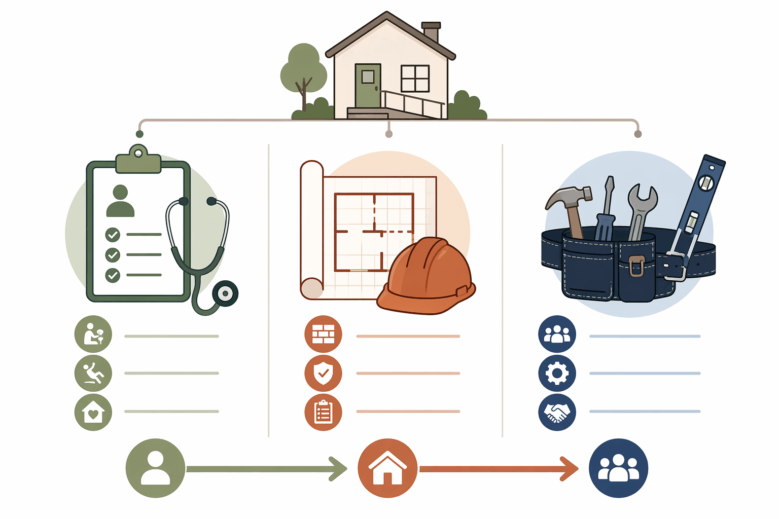 An editorial illustration with three labeled columns showing the distinct roles: occupational therapist with CAPS (clinical assessment, fall risk, person-environment fit), CAPS builder (construction, code compliance), and general contractor (standard renovation, trade coordination), with a home icon unifying the top and a collaborative arrow at the bottom.