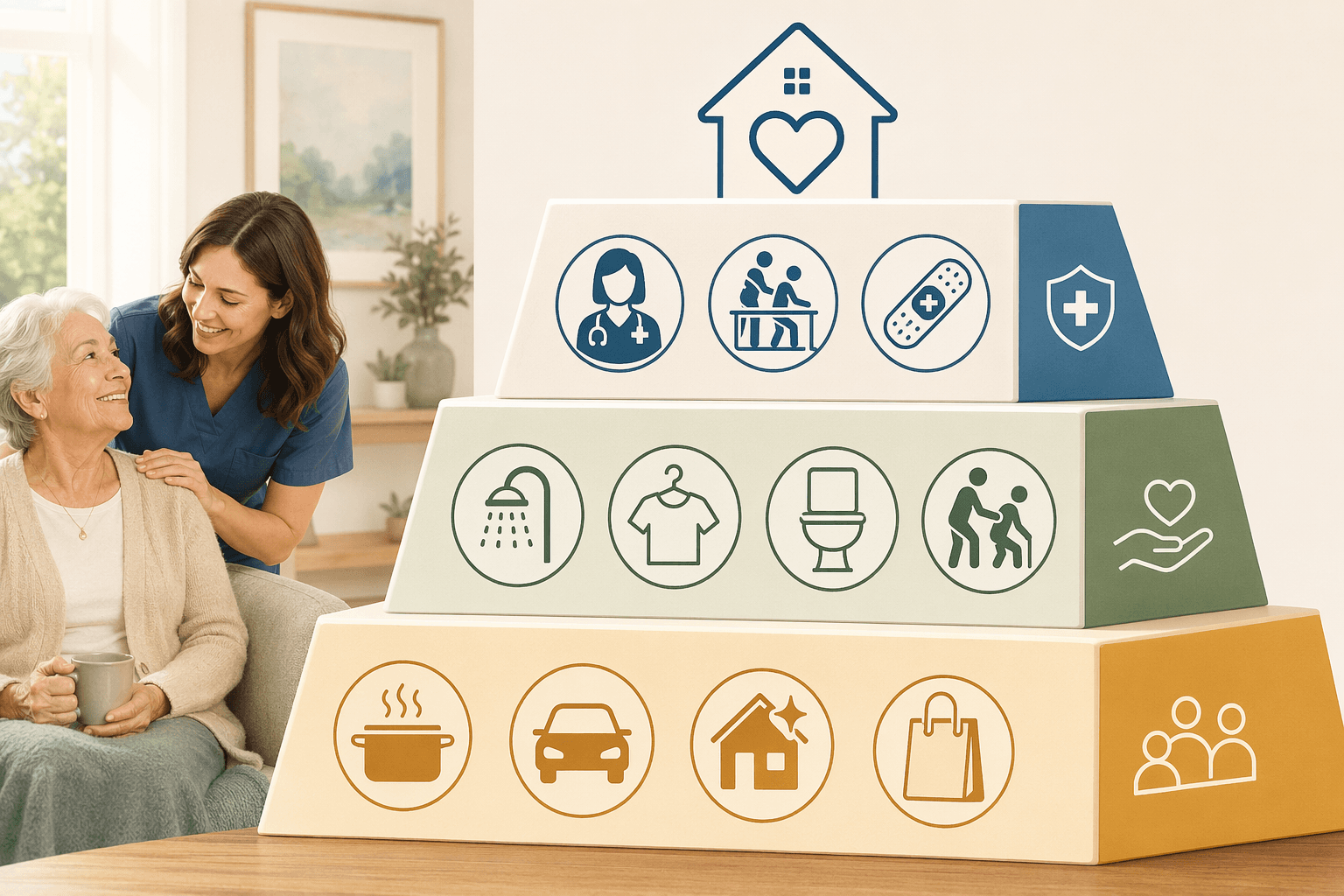 A three-tier care model pyramid showing Companion Care (IADLs), Personal Care (ADLs), and Skilled Home Health (medical care).