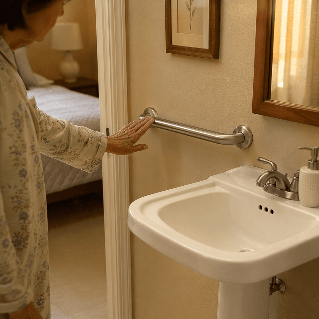 An aging parent's hand lightly touches a newly installed grab bar near a bathroom sink in soft natural light, conveying the concept of starting with one manageable change.