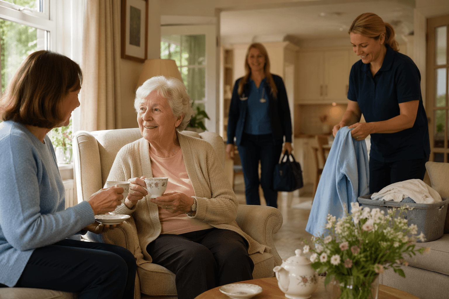 Older adult at home with companion, caregiver, and medical professional representing different kinds of home help