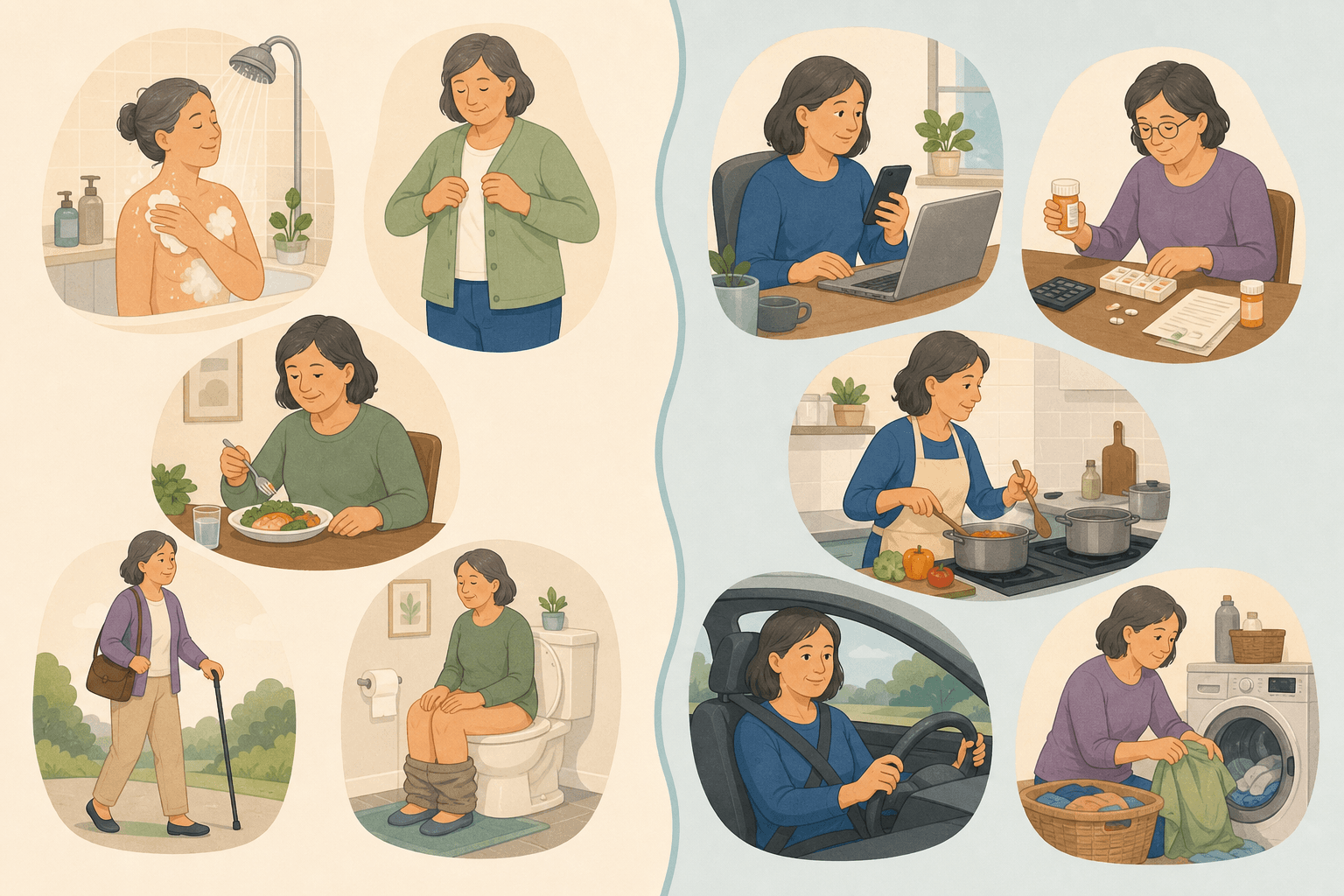 An editorial illustration split into two sections: the left side shows icons of basic self-care tasks (bathing, dressing, eating, walking, toileting) and the right side shows icons of more complex independent living tasks (using a phone, managing medications, cooking, driving, doing laundry), separated by a soft vertical divider in warm neutral tones.