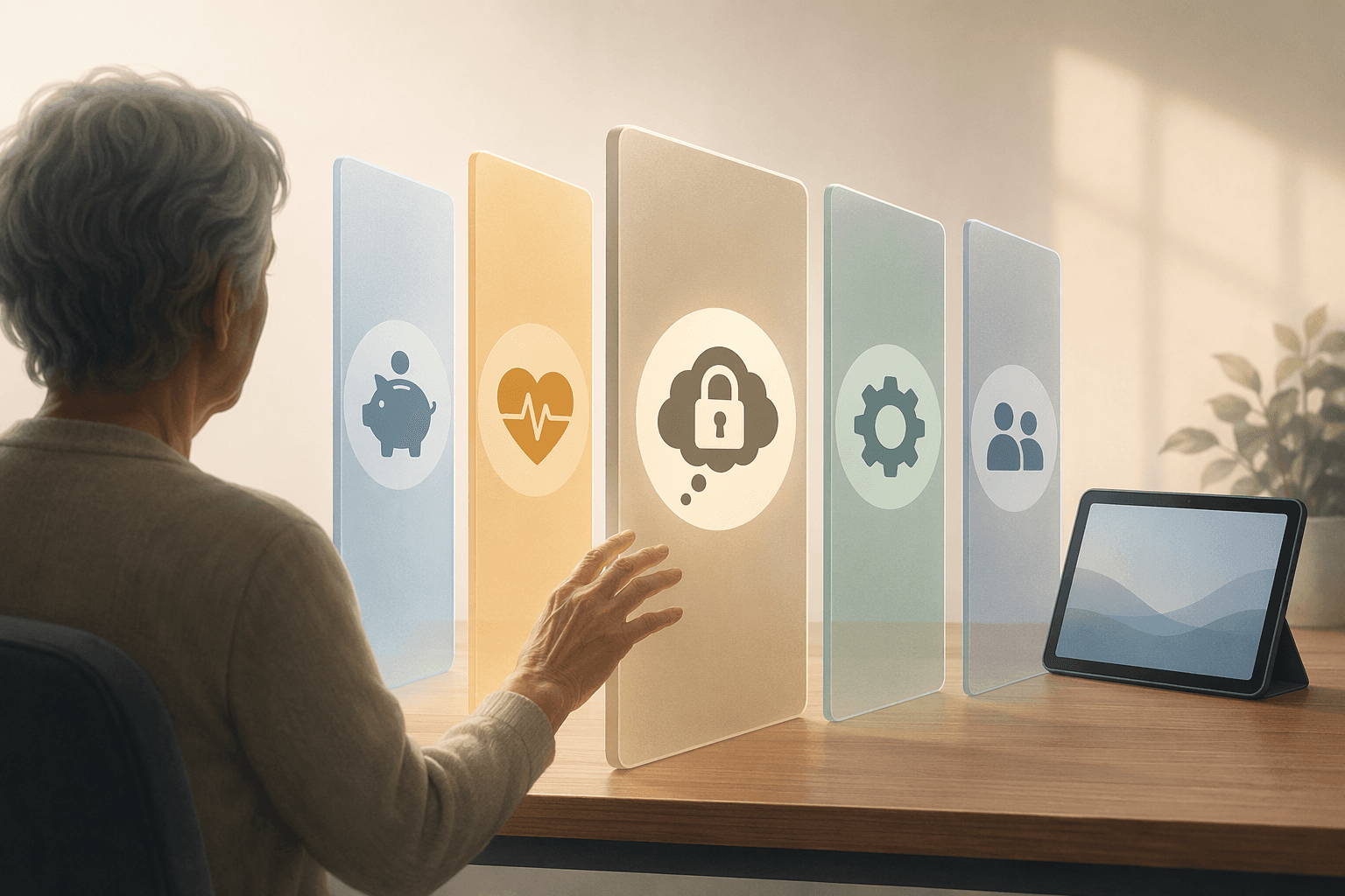 Illustration of five barrier layers between an older adult and a tablet, including socioeconomic, health, dispositional, technology, and social barriers