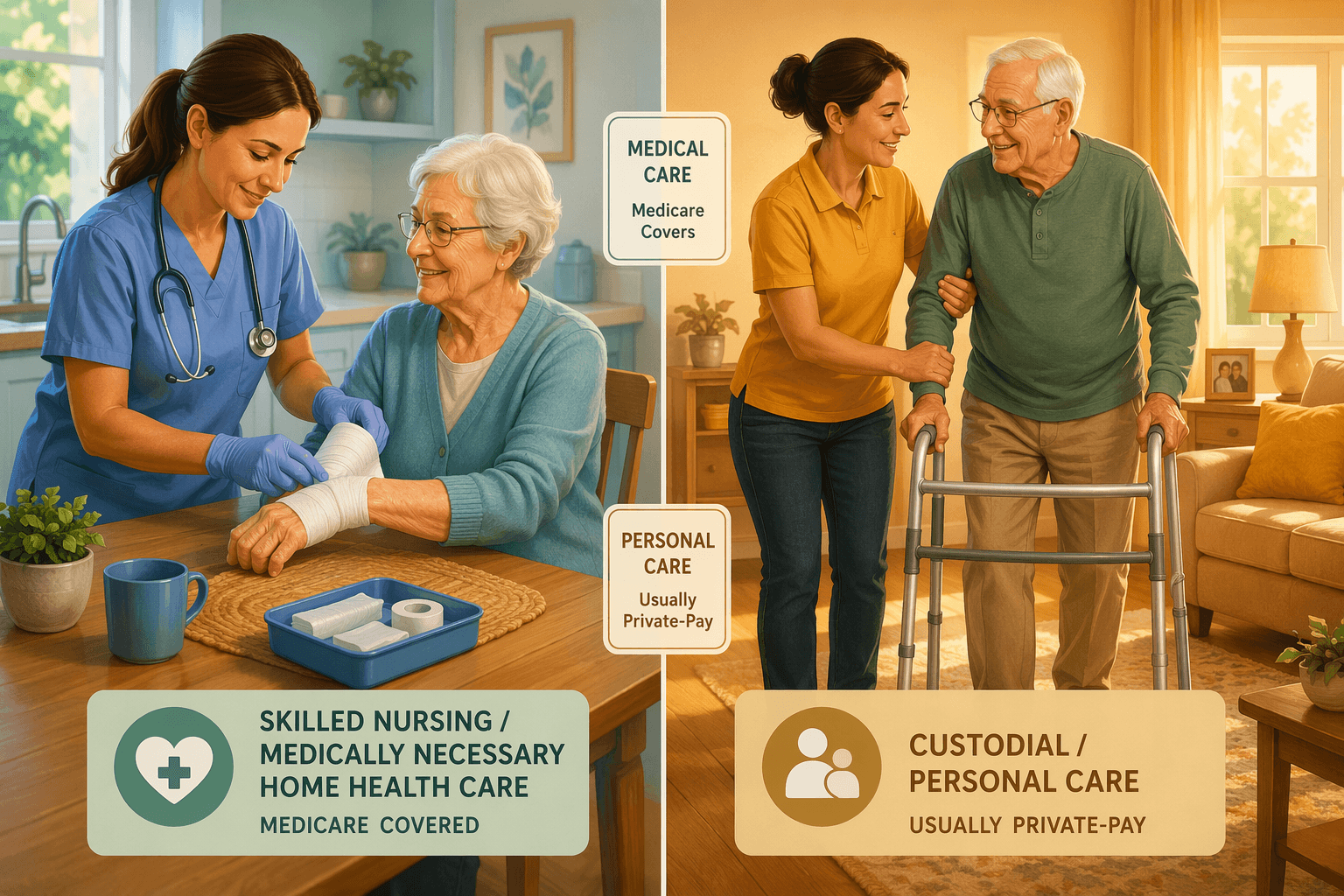 Split illustration comparing Medicare-covered skilled home health care on the left with private-pay custodial home care on the right.