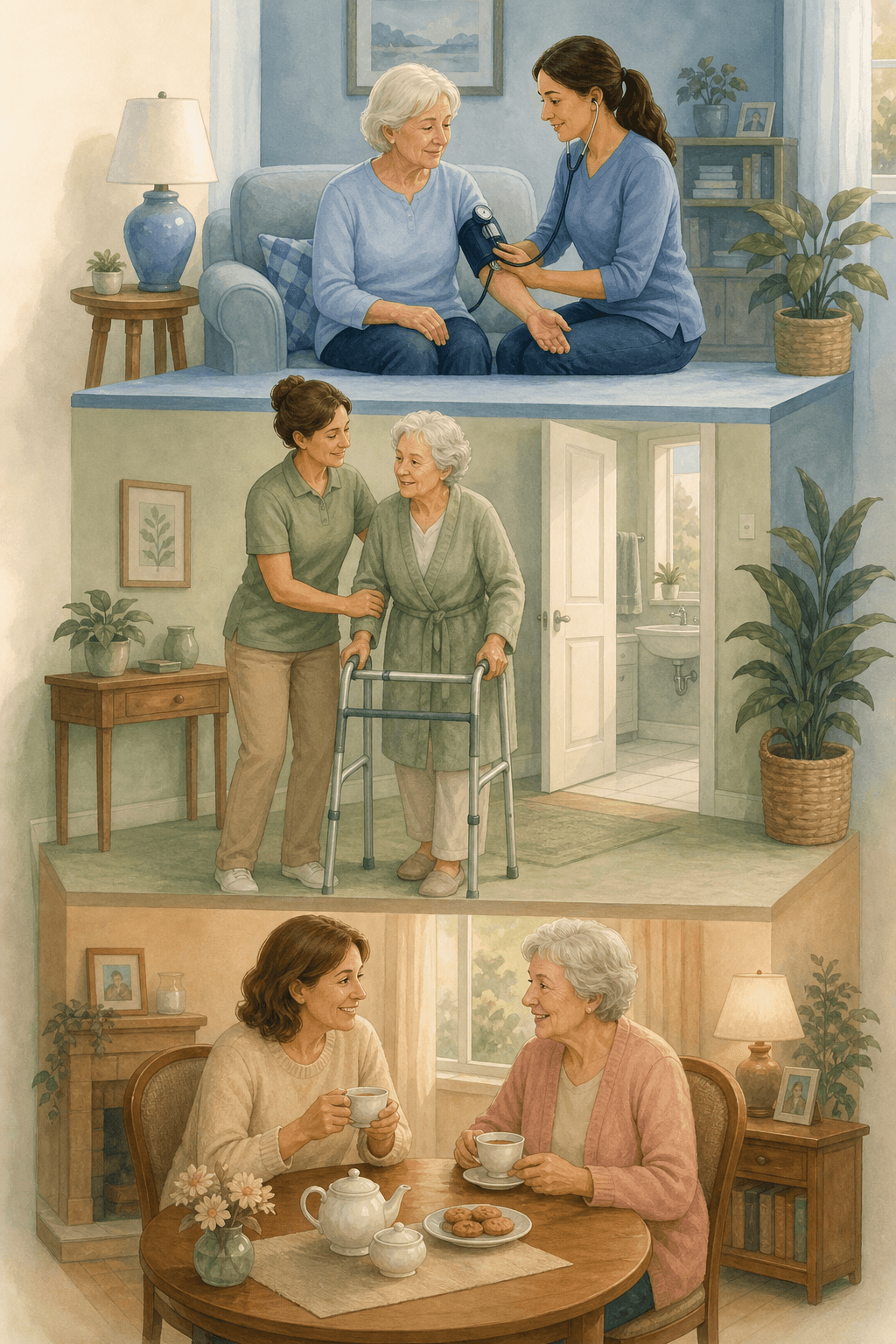 An ascending illustration of three care levels: companion care (two people sharing tea), personal care (caregiver assisting with a walker), and skilled nursing (caregiver checking a blood pressure cuff), in warm residential tones.