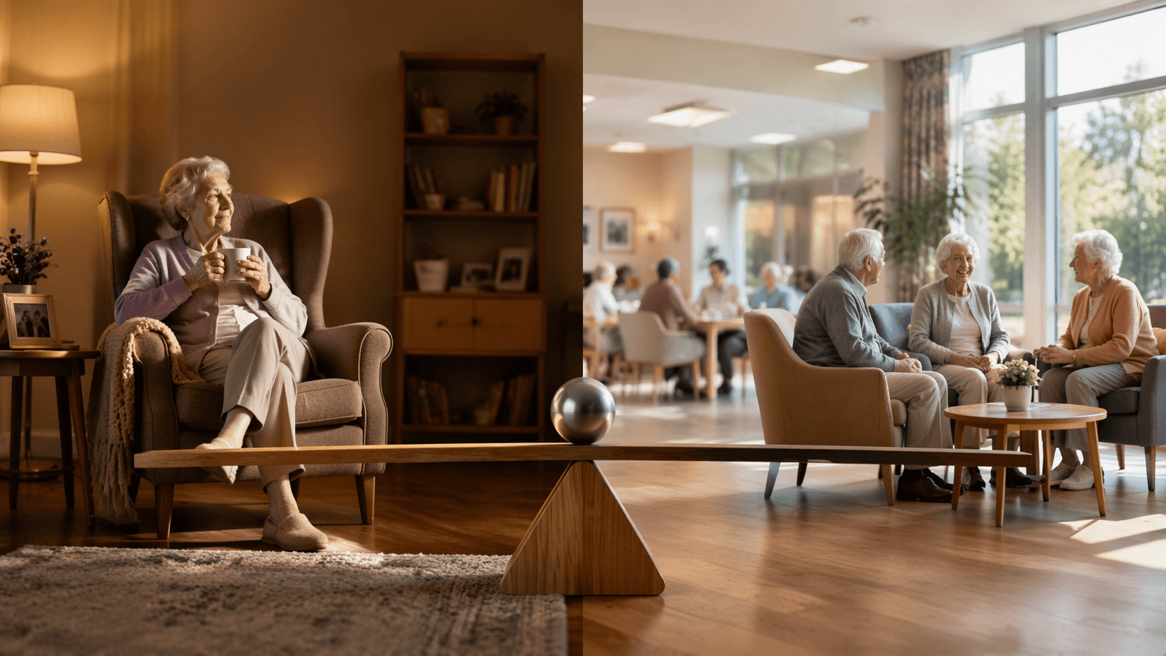 Split view of a warm home interior and a modern assisted living common area showing a decision point between care options