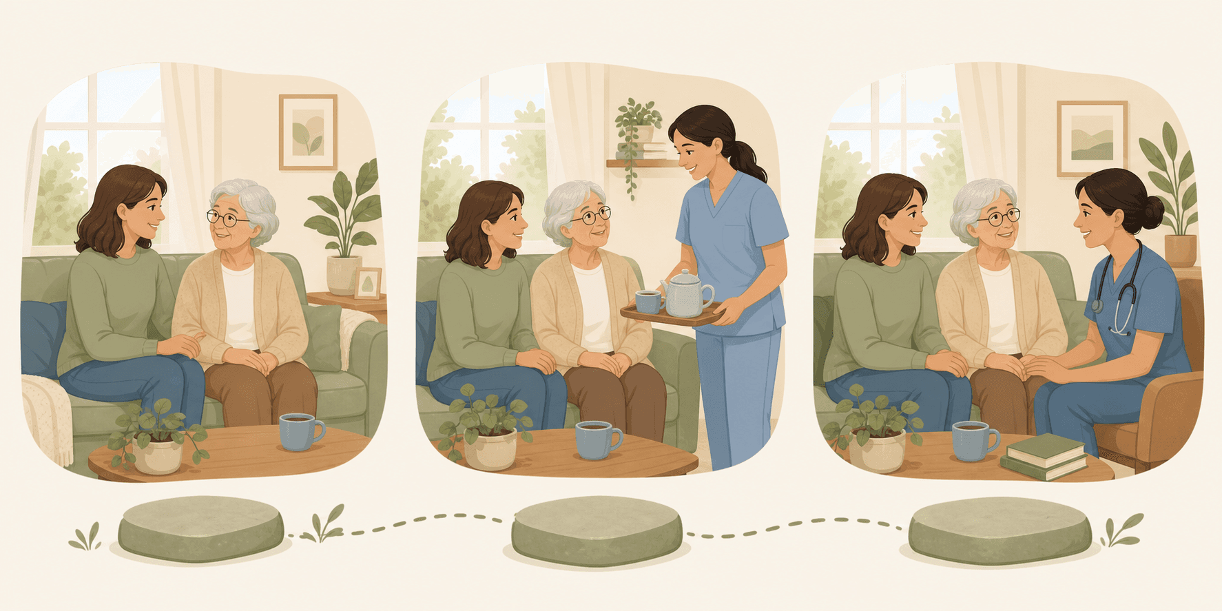 Three-step progression illustration showing a family caregiver, then a home care aide joining, then a registered nurse present — all in a warm home setting.