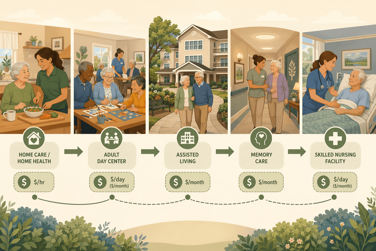 A left-to-right continuum of senior care services from home care to skilled nursing with cost annotations beneath each stage.