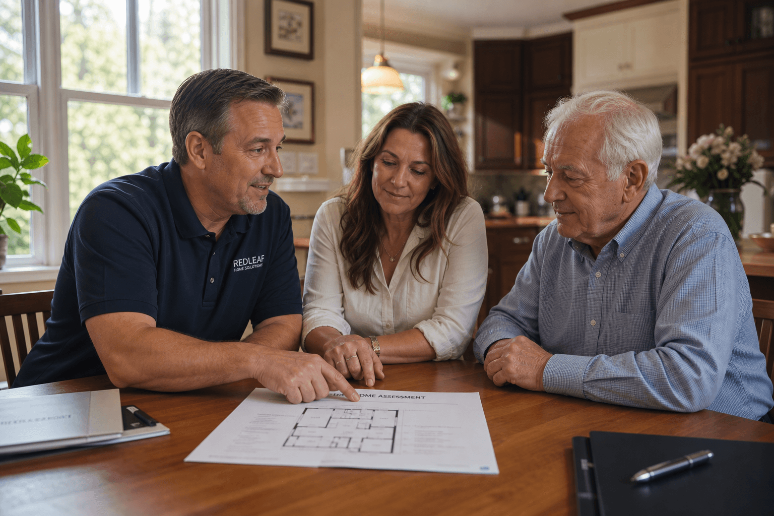 A CAPS contractor reviews a printed home assessment plan with an adult daughter and older adult at a kitchen table in a warm family home.