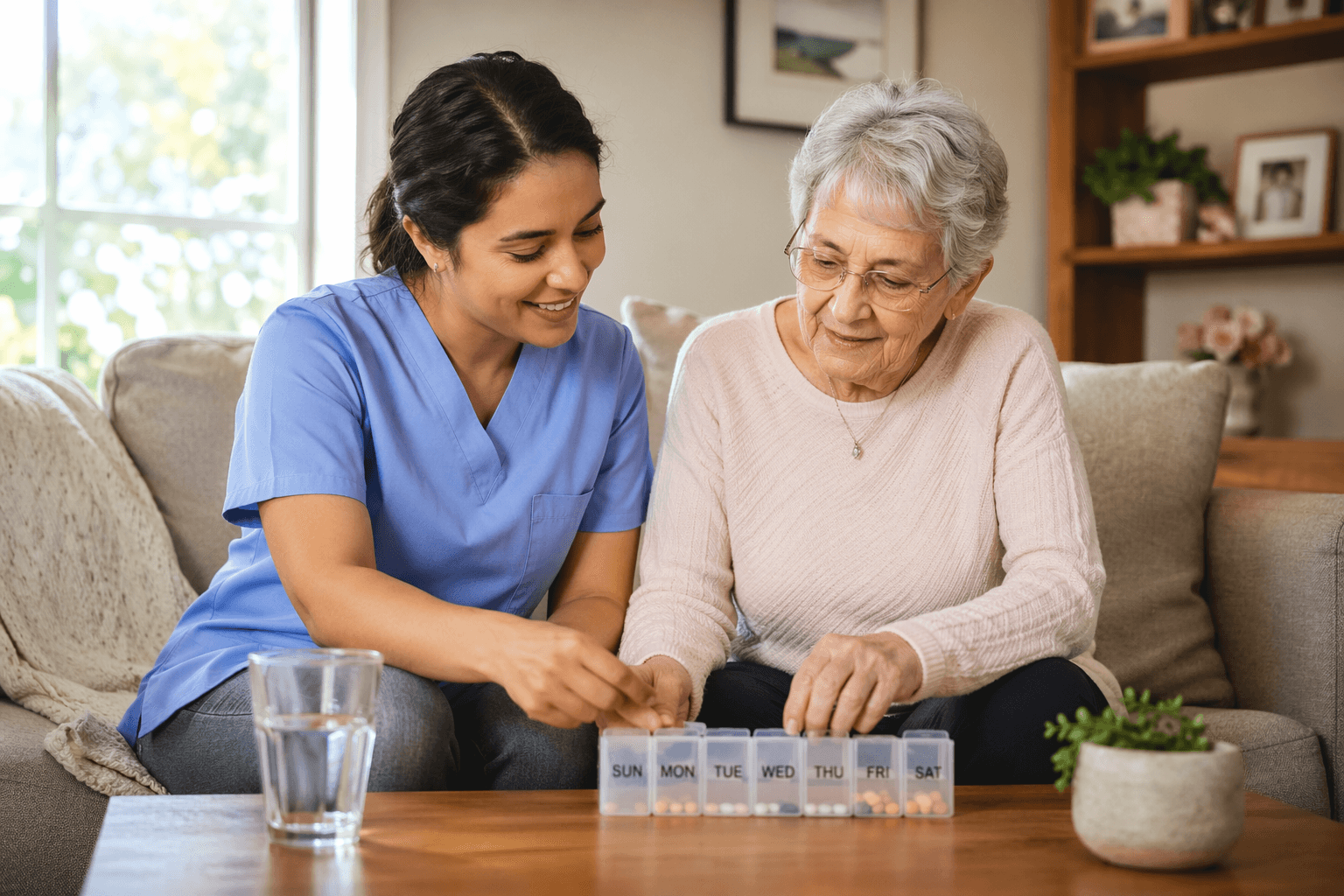 A home care aide in a soft blue uniform sits beside an elderly woman on a living room couch, gently helping organize a weekly pill organizer on a coffee table.