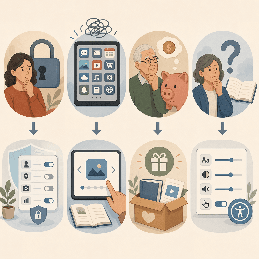An editorial illustration showing four profile icons in a framework layout: a padlock with a concerned person (privacy-concerned non-users), a cluttered device screen with many small features (feature-overwhelmed users), a piggy bank with a senior silhouette (cost-constrained seniors), and a question mark with a book icon (low-confidence learners). Each profile is connected by arrows to matching strategy visuals.