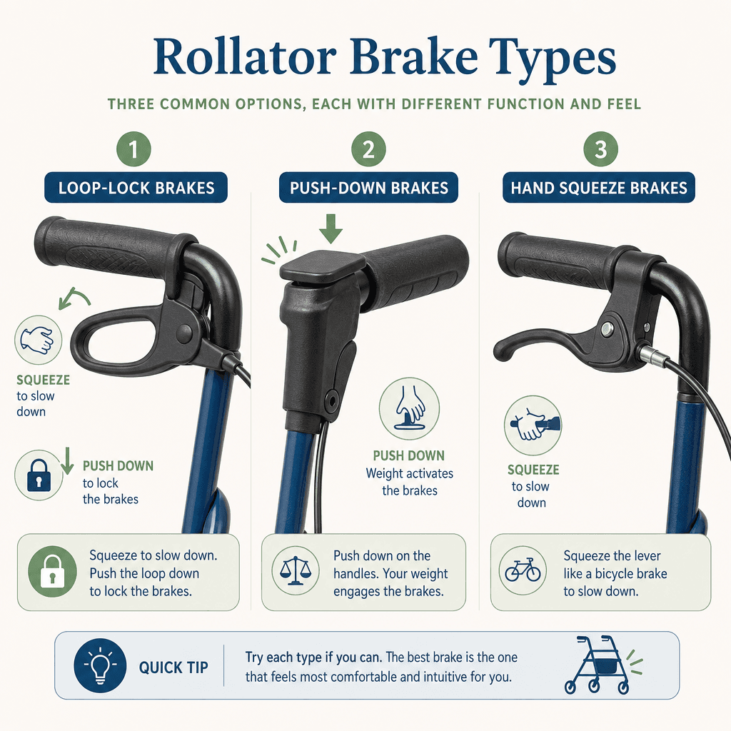 Comparison illustration of three rollator brake types on handlebar grip cutouts: loop-lock, push-down, and hand squeeze, each with a small callout label on a soft neutral background.