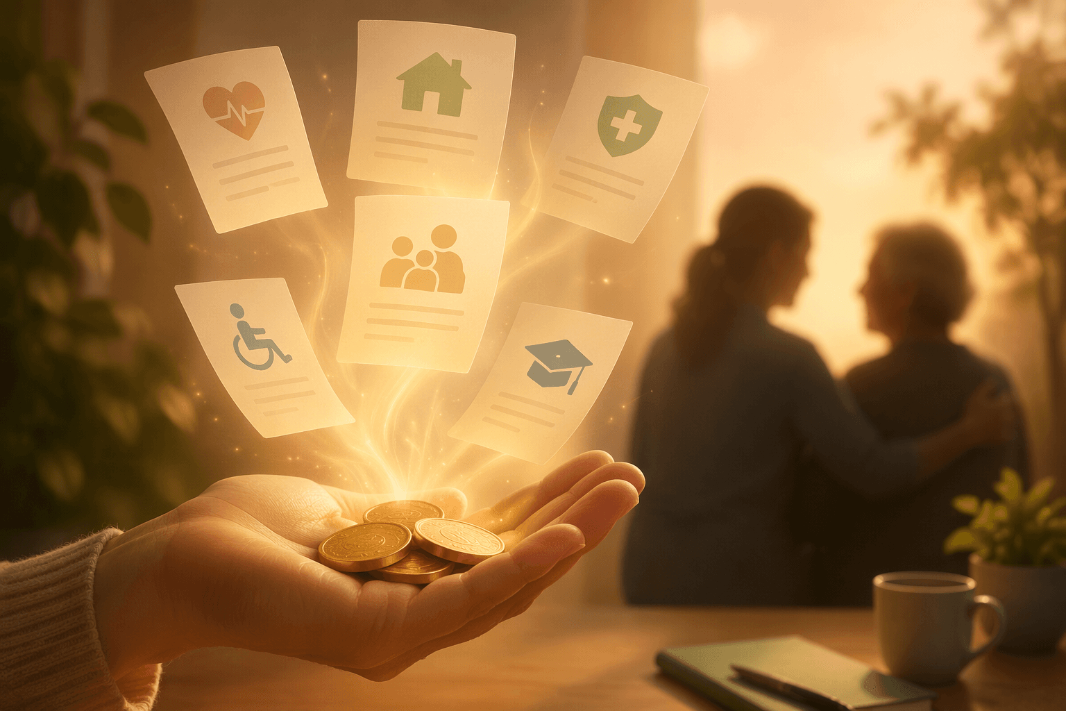 An open hand with golden coins and glowing paper benefit documents floating upward, with soft silhouettes of two figures in the background, warm amber tones.
