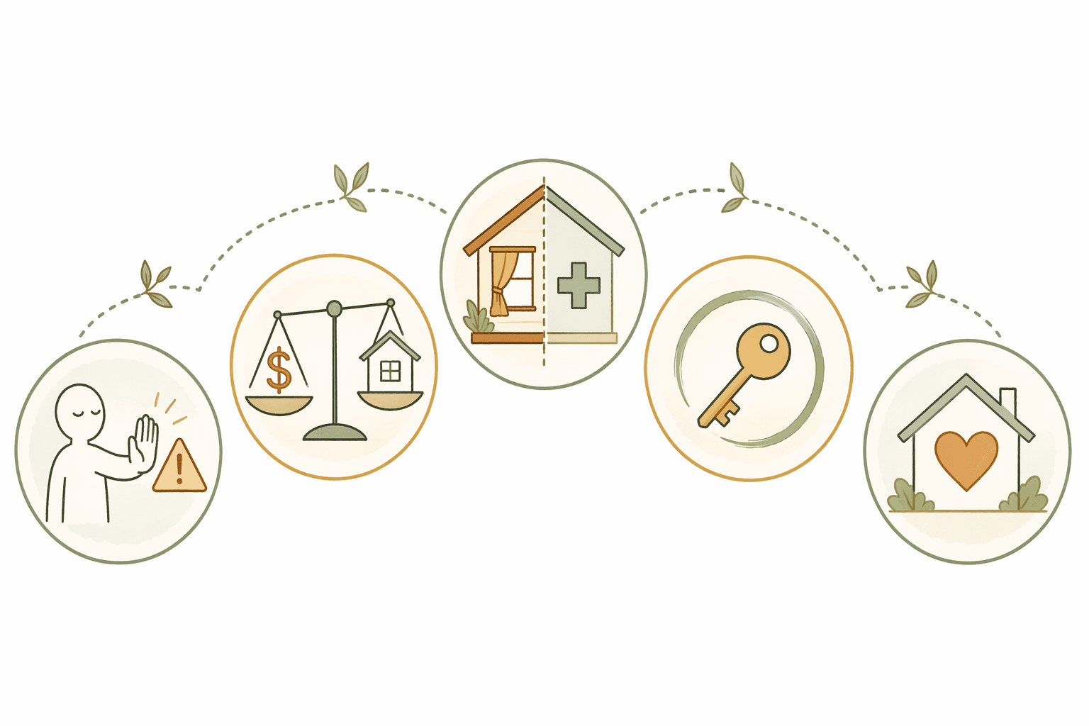 Five icon-style visual metaphors in a gentle horizontal arc representing emotional barriers: denial, cost anxiety, aesthetic concerns, autonomy loss, and grief over home identity. Warm amber and sage green tones.