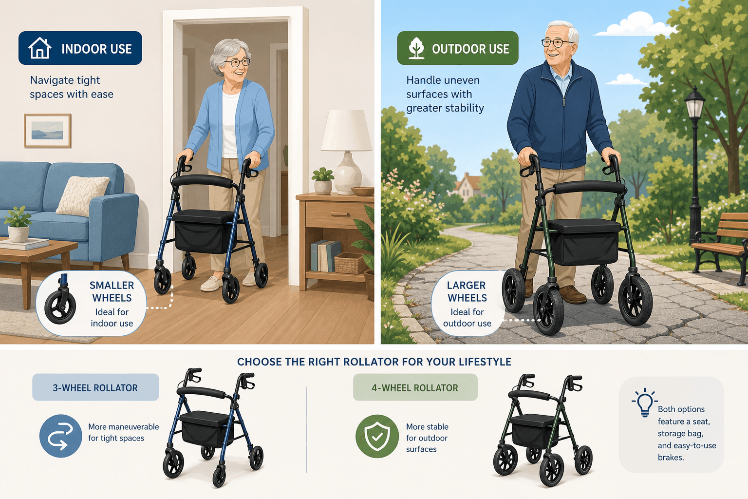 Two-scene illustration showing a senior with a rollator navigating a narrow indoor doorway on the left and a senior with a rollator on an outdoor path on the right, with small 3-wheel and 4-wheel rollator variations at the bottom.